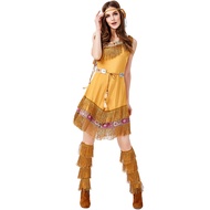 Halloween Woman Dress Cosplay Fringed Indian Princess Costume Khaki Tribal Goddess Performance Role 