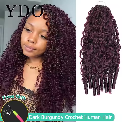 Dark Burgundy #99J Burmese Curly Feather Crochet Human Hair Reuseable Miracle Knots Crochet Weave Ha
