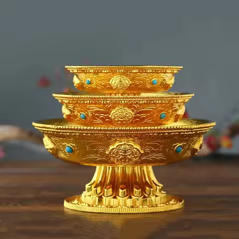 Zinc Alloy Tribute Buddhist Fruit Plate Gold Auspicious Luster Tibetan Plate Engraving Buddha Fruit 