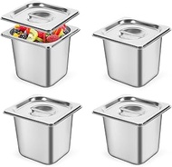 4 Pack Stainless Steel Hotel Pans with Lids, 10.8 Quarts, Silver, Brushed Finish, Commercial Food Pa