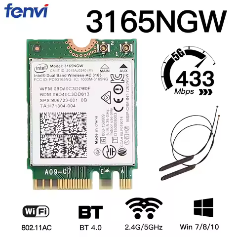 Dual Band 2.4G/5Ghz 433Mbps Wireless-AC Intel 3165 NGFF 802.11ac WiFi 3165NGW M.2 WLAN Card For Blue