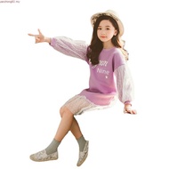 Baju Kid Girls Dresses Polka Dot Princess Dresses Purple Korean Fashion Mesh Long Sleeves t-Shirt Sk