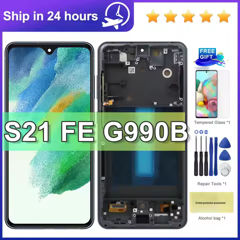 AMOLED S21FE Display+Frame For Samsung S21 FE 5G G990 G990B G990U G990B/DS G990E LCD Display Touch S
