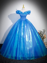 Disney Cinderella Princess Performance Dress สําหรับผู้ใหญ่ชุดเดรสเกาะอกไหล่เดียวพร้อมดอกไม้ทํามือสํ