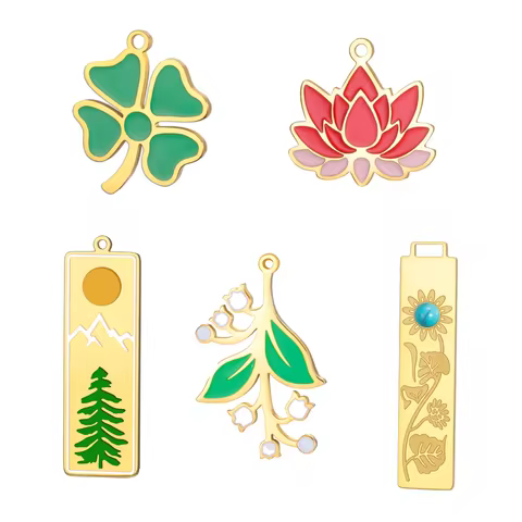 5pcs Nature Botanical Charm Stainless Steel Enamel Pendants Four Leaf Clover Lotus Lily of the Valle