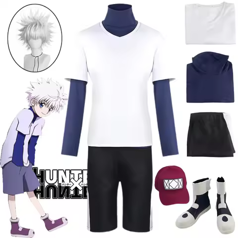 Killua Zoldyck Cosplay Costume Anime Hunter Killua White Wig Shoes Hat Full Set Outfits Halloween Pa