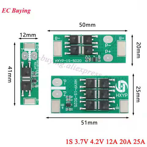 BMS 1S 3.7V 4.2V 18650 Lithium Battery Protection Board 12A 20A 25A Lion PCB Charging Voltage/Short 