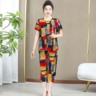 Elderly Women's Loose Ice Silk Summer Suit - Short Sleeve 7-Point Pants | Large Sizes Available