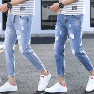 jeans baggy jeans seluar lelaki jeans Ripped Jeans Men Summer 9 Ankle-Length Slim-fit Small Feet Kor