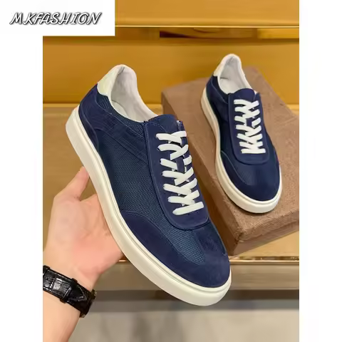 Luxury Cowhide Suede Men Shoes Breathable Mesh Green Summer Korean Style Board Shoes Flat Comfort Tr