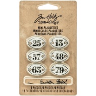 Tim Holtz Idea-Ology Metal Number Plaquettes W/Brads 6/Pkg - White W/Black Numbers .5"X.75"