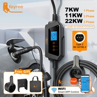 feyree Portable EV Charger Type2 22KW 11KW 3P Fast Charging 32A 7KW 1P Smart APP Wi-Fi Control for E