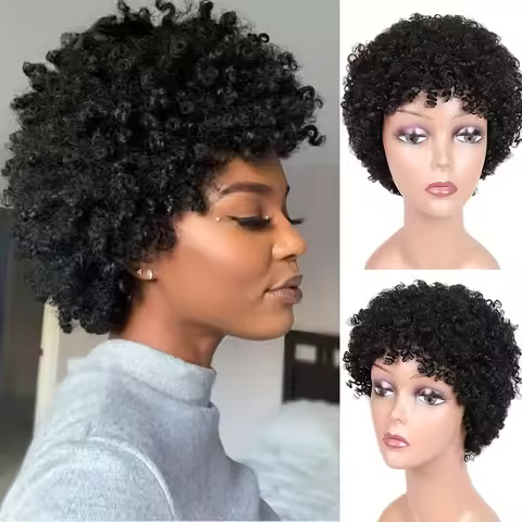 Afro Curly Kinky Curly Wave Wig for Women Wig Full Machine Made Short Pixie Cut Human Hair Wig