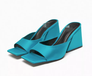 NEW original Spanish ZARAˉ Family 2023 Summer New Square Head Outer Wear Dark Blue Wedge Silk Satin