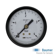 Baumer Pressure Gauge, Steel, Brass, Back Connection, 50 mm Dial Size, Pressure 0-4 Bar, 1/4" BSP