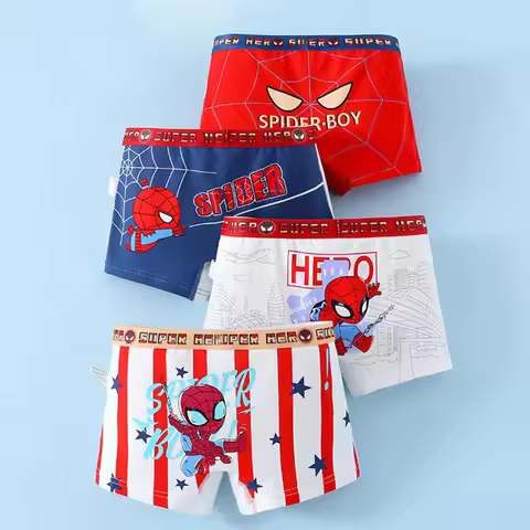4-Piece Boys Cotton Underwear Cool Spiderman Cartoon Print Children Boys Boxers Comfortable and Brea