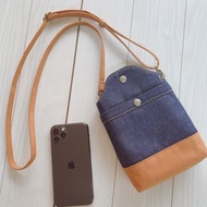 岡山丹寧×倉敷帆布 雙色手機側背隨身包 靛藍×駝色