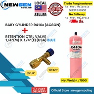 ACSON R410A REFRIGERANT GAS 750G BABY CYLINDER + USA 1/4" RETENTION CONTROL VALVE AIRCOND GAS