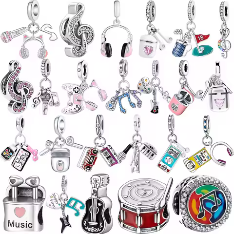 Guitar Microphone Music 925 Sterling Silver Charm Pendant Suitable Fit Original Bracelet Necklace ke