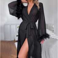 Faux Feather Long Long Long-Sleeved Pajamas Nightgown Comfortable Laced-Up Women's Homewear