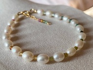 天然珍珠 彩虹碧璽 || 小方塊 美國 14KGF手鍊 手鏈 可改頸鏈