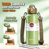 800ml/1000ml 316 Stainless Steel Tumbler Water Bottle - Thermos Mug with Straw for Kids & Students, 