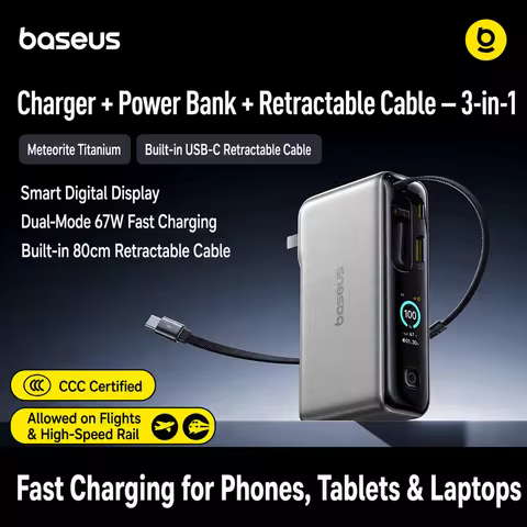 Baseus 3C Certified 67W 3‑in‑1 Power Bank with Retractable Cable, 65W Fast Charge for Laptops, Airli