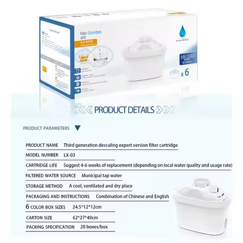 6 pcs Brita Maxtra compatible water filter cartridges; Reduces sarro; Optimal Brita jug efficiency; 