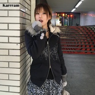 Karrram Japanese Y2k Fur Hooded Coat Grunge Aesthetics Tattoo Print Jacket Vintage Harajuku Double Z