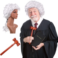 White Judge Lawyer Wig Colonial Costume Ponytail Wig with Mini Wooden Judge Gavel Props for Adults K