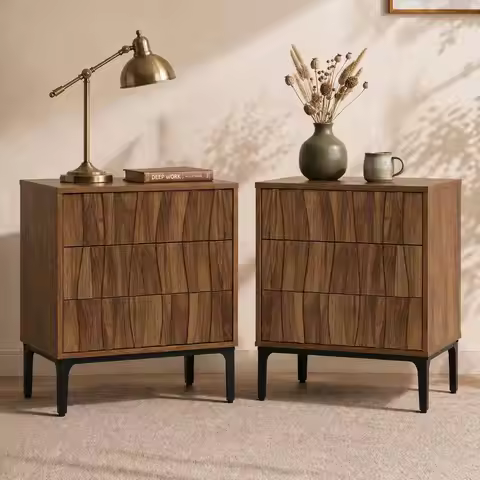 Mid-Century Modern Walnut Nightstands Set of 2, Wide Bedside Tables with 3 Drawers Each, Sculpted 3D