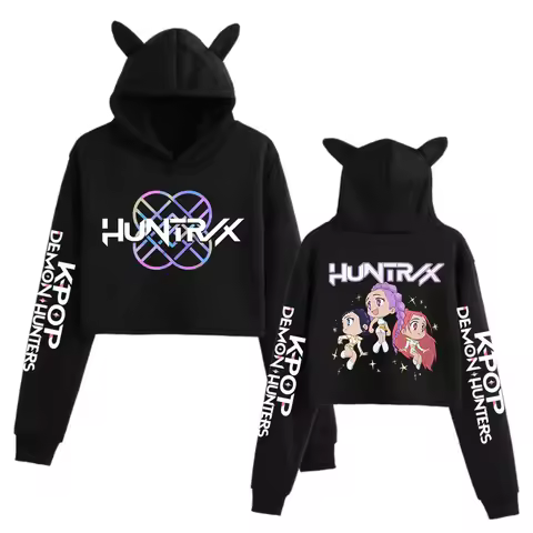KPop Demon Hunters Crop Tops Cat Ears Sweatshirt Long Sleeve Girls Women Fashion Hoodie