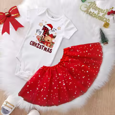 My First Christmas Baby Romper & Tutu Set Deer Print Girls Outfit Infant Baptism Bodysuit Dress Xmas