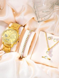 女士手錶1入組女士全晶鑽飾圓面金色鋼帶石英手錶和珠寶套裝，鑲嵌鋯石手錶適用於女性