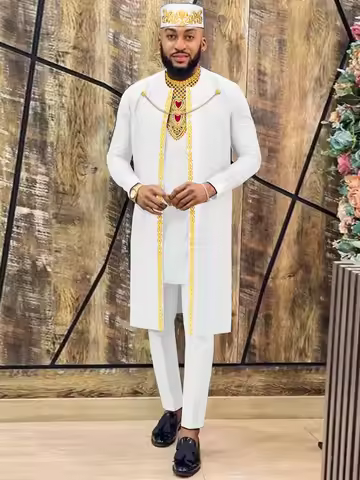 African Clothes for Men Agbada Robes Embroidery Shirts Pants Hats 4 Piece Set Chain Dashiki Outfits 