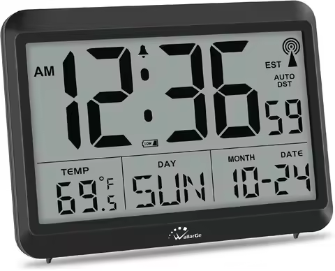 Atomic Digital Wall Clock with Self-Setting, Large Display, Temperature, Date, Weekday, Silent Mount