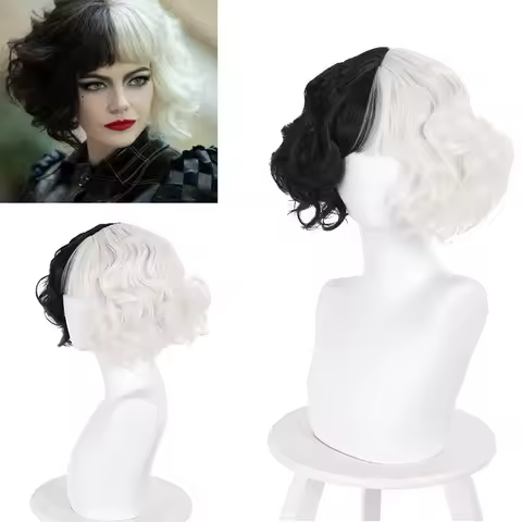 HAIRJOY Synthetic Hair Cosplay Cruella Loose Curl Bob with Neat Bang Black White Wig for Women Hallo