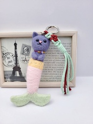 珮寧手作│貓咪美人魚-藍貓.英短│羊毛氈成品.吊飾.鑰匙圈│