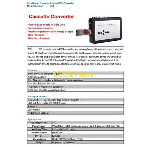 B03F Portable Cassette Player and Recorder Cassette Tape to Digital MP3 Convert