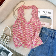 Striped Lapel Halter Neck Camisole Knitted Bottoming Top Women Summer