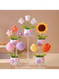 1入手工編織向日葵和百合花的盆栽植物,適用於辦公桌或車上的小裝飾,生日、畢業、母親節、情人節禮物