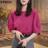 Fancystyle VONDA เสื้อเบลาส์ผู้หญิงเสื้อเบลาส์คอกลมแขนสั้นเสื้อทรงหลวมสีพื้น