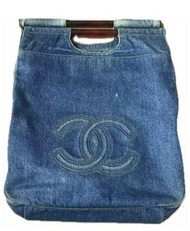 香奈兒玳瑁把手丹寧托特包CHANEL Vintage Blue Denim Tortoiseshell Tote Bag