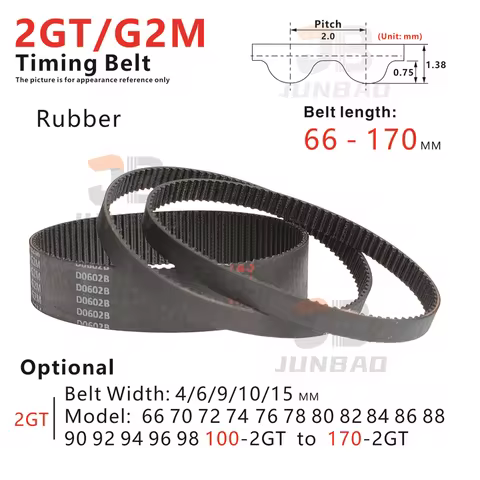 66-170 mm, 2GT Timing Belt, model from 66/70/72/74/76/78/80/82/84/86-2GT to 170-2GT, for DIY/CNC/3D 