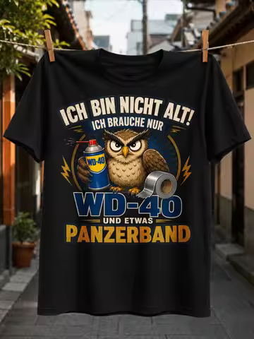 Old Owl WD Forty Repair Joke Tee owl holding WD40 and duct tape beside Germannot ol repair humor Uni