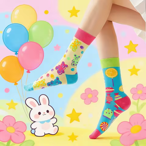 1 pair Fun Candy Color Mid Calf Socks,Cute Bear & Fruit Print Socks