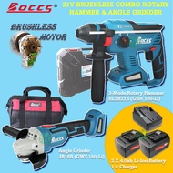 Boccs 21V Brushless Combo 3-Mode Rotary Hammer & Angle Grinder Or Impact Wrench c/w 2 x 4.0ah Batter