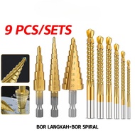 Set Mata Bor Langkah & Gergaji HSS Titanium 9 Pcs Kombinasi Bor Pagoda dan Bor Gergaji Serbaguna unt