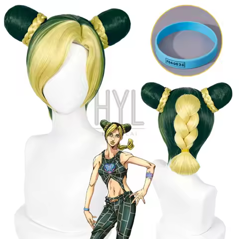 Anime JOJO Jolyne Cujoh Cosplay Wig Green Yellow Synthetic Hair Wristband For Women Men Halloween Co