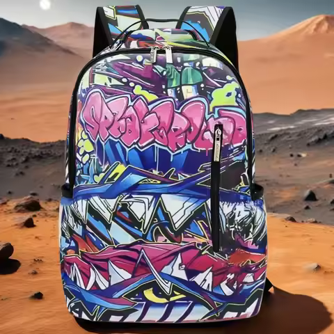 A Hip-Hop Street-Style Backpack with Spray-Painted Ground Motifs for Men, a New Trendy Lightweight P